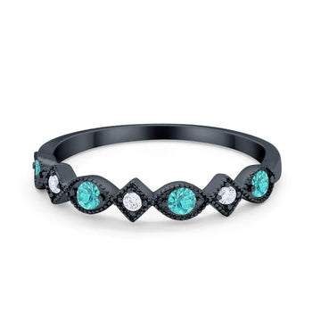 Art Deco Stacking Half Eternity Wedding Ring Black Tone, Simulated Paraiba Tourmaline CZ 925 Sterling Silver